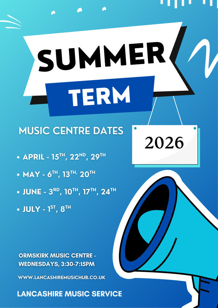 A poster detailing the summer term dates at the Ormskirk Music Centre, which go as follows:

- April - 15th, 22nd, 29th
- May - 6th, 13th, 20th
- June - 3rd, 10th, 17th, 20th
- July - 1st, 8th